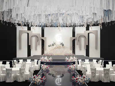 Elegant Banquet Hall Interior With White Chandelier Stage Decorative Flowers And Mirrored Floor 3d model