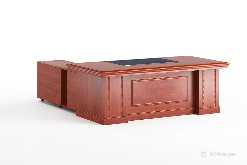 Traditional Solid Wood Office Desk Featuring Black Writing Pad And Side Cabinet 3d model 