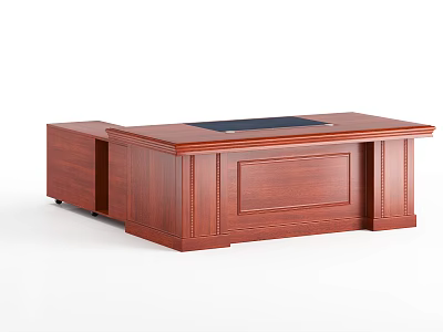Traditional Solid Wood Office Desk Featuring Black Writing Pad And Side Cabinet 3d model