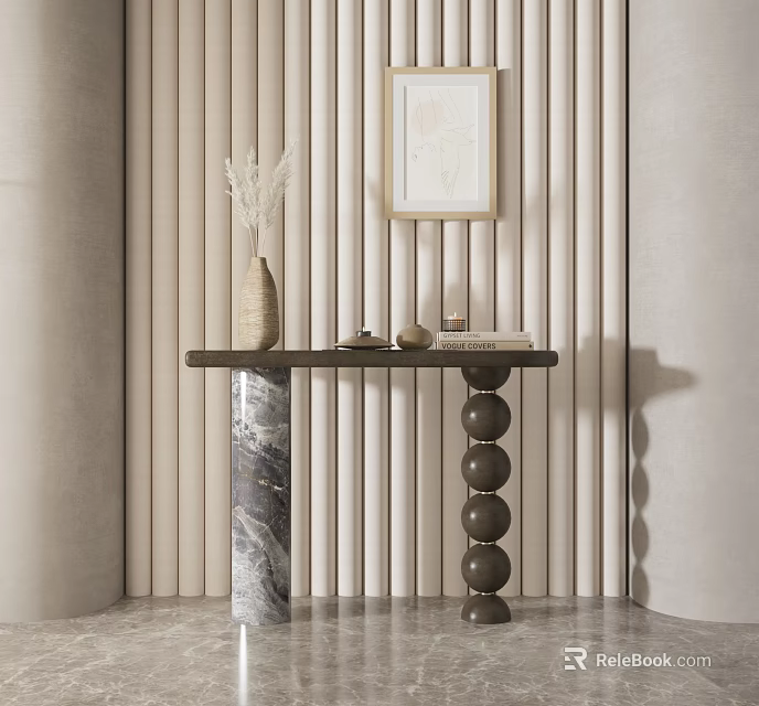 Stylish Console Table With Marble Column Spherical Base And Decorative Items On Vertical Striped Wall 3d model