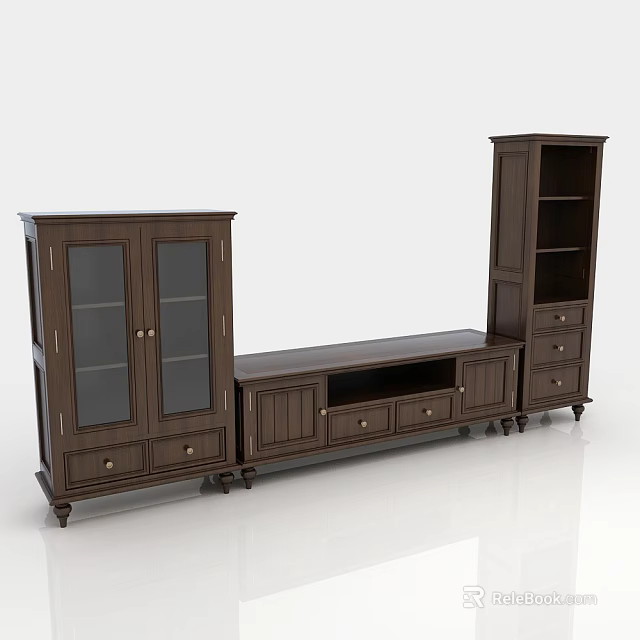 Dark Wood TV Cabinet Combination With Drawers Glass Doors And Open Shelves 3d model 