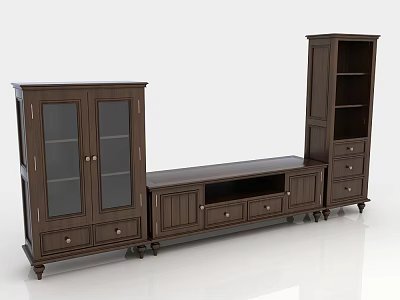 Dark Wood TV Cabinet Combination With Drawers Glass Doors And Open Shelves 3d model