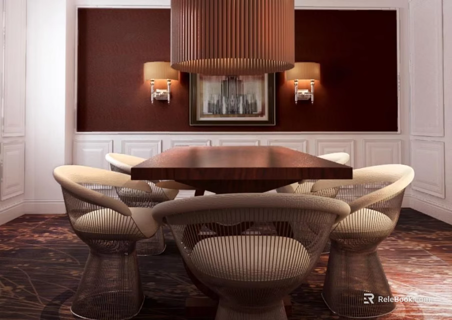 Dining Table Set with Woven Chairs Pendant Light Wall Sconces and Framed Artwork 3d model 