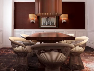 Dining Table Set with Woven Chairs Pendant Light Wall Sconces and Framed Artwork 3d model