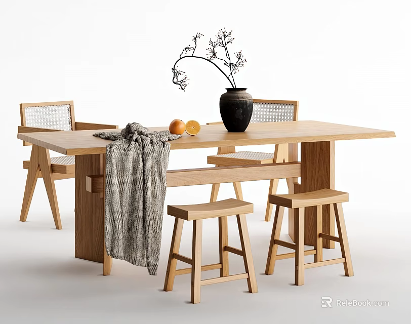 Wooden Dining Table and Chairs Set with Black Vase Twigs Gray Blanket and Oranges 3d model 