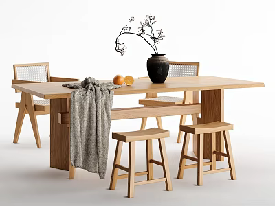 Wooden Dining Table and Chairs Set with Black Vase Twigs Gray Blanket and Oranges 3d model