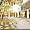 Courtyard Garden With Autumn Trees Stone Slab Path Fallen Leaves And Modern Glass Building