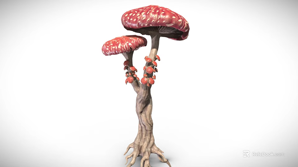 Mushroom Shaped Decorative Ornament Set With Two Red White Spotted Caps Tree Trunk And Roots 3d model 