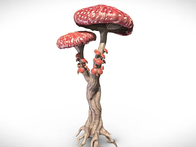 Mushroom Shaped Decorative Ornament Set With Two Red White Spotted Caps Tree Trunk And Roots 3d model