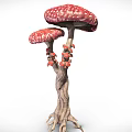 Mushroom Shaped Decorative Ornament Set With Two Red White Spotted Caps Tree Trunk And Roots