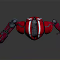 Futuristic Red Armored Robot Character Standing With Mechanical Weapon Arm And Metallic Structure