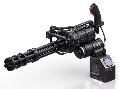 Black Multi Barrel Automatic Weapon With Mechanical Structure And Ammunition Box 3d model