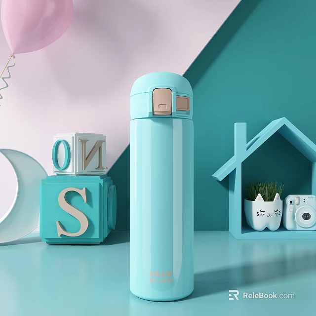 Light Blue Insulated Water Bottle With Alphabet Blocks Mini House Decor Cat Shaped Ornament And Camera On Soft Geometric Background 3d model 