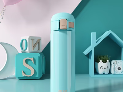 Light Blue Insulated Water Bottle With Alphabet Blocks Mini House Decor Cat Shaped Ornament And Camera On Soft Geometric Background 3d model
