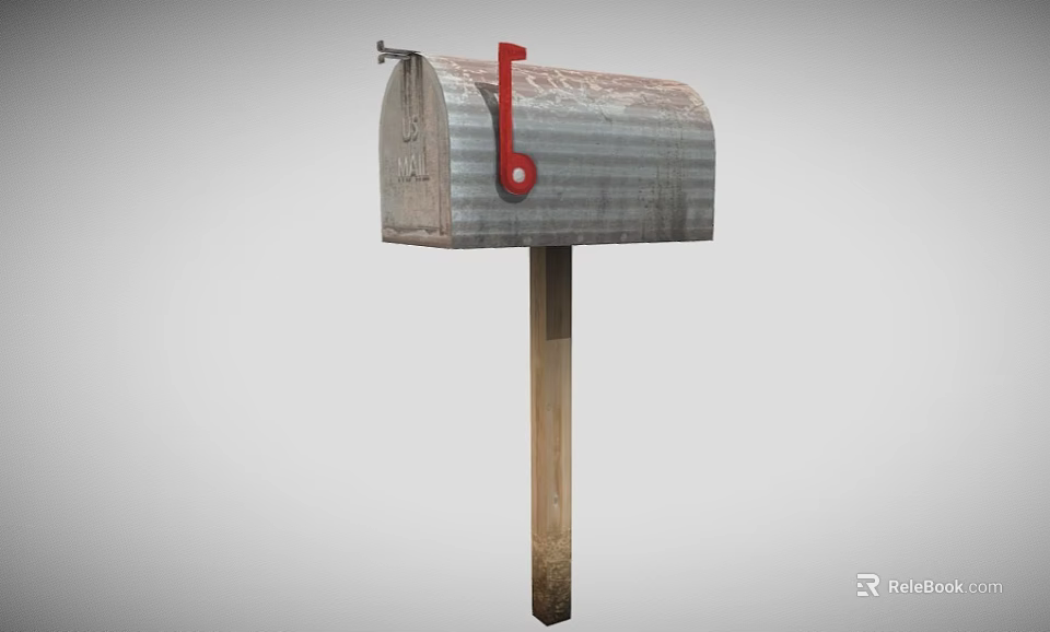 Outdoor Rustic Corrugated Metal Mailbox With Red Flag On Wooden Post 3d model 