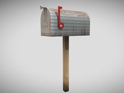 Outdoor Rustic Corrugated Metal Mailbox With Red Flag On Wooden Post 3d model