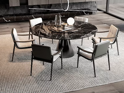 Elegant Modern Dining Table Set With Round Marble Top And Six Chairs 3d model