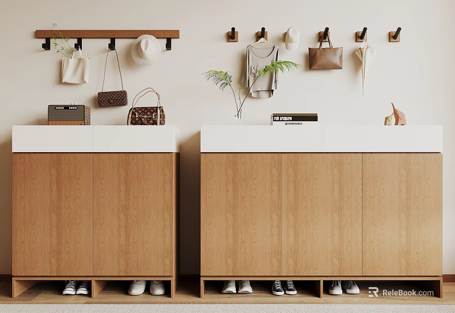 Modern Wooden Shoe Cabinets With White Countertop Wall Mounted Rack Hats Bags Plant And Shoes 3d model 