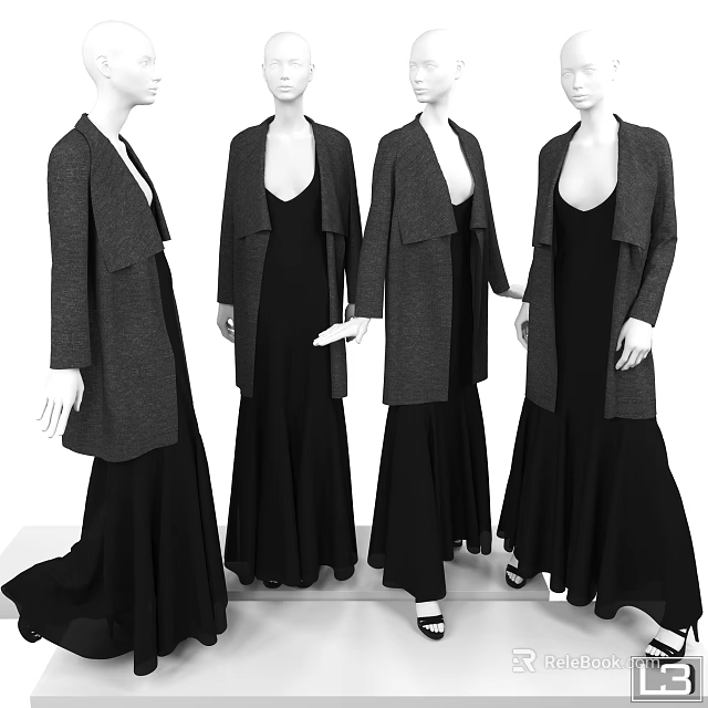 Mannequins Wearing Black Dresses And Gray Cardigans In Standing Poses 3d model 