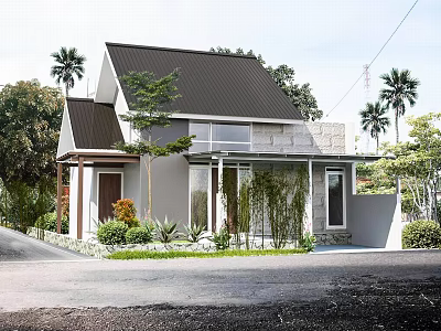 Modern Single Family House Exterior With Black Roof Large Glass Windows And Palm Trees 3d model