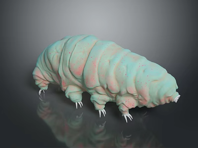 Green and Pink Spotted Tardigrade 3D Model With Legs Claws Gray Background Reflection 3d model