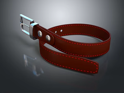 Polished Brown Leather Belt With Metal Buckle And Red Stitching Design 3d model