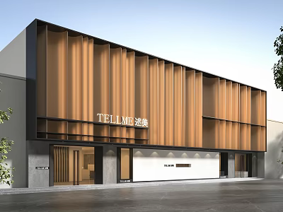 Modern Commercial Storefront Design With Wooden Grille Facade And Brand Signage 3d model