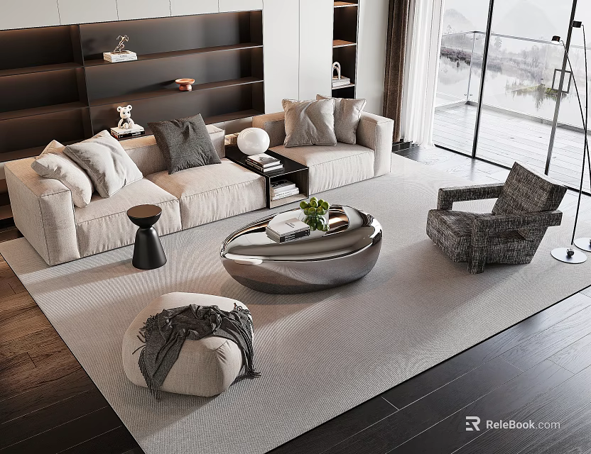 Modern Living Room Sofa Coffee Table Set With Plush Pillows Oval Table And Gray Armchair 3d model 