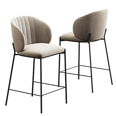 Modern Upholstered Bar Stools With Light Beige Fabric And Black Metal Frame 3d model