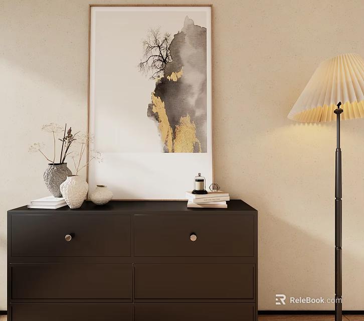 Stylish Interior With Black Dresser Abstract Painting Floor Lamp And Decorative Items 3d model 
