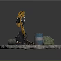 Yellow Robotic Arm Handling Wooden Plank Blue Barrel And Green Cloth On Stone Platform