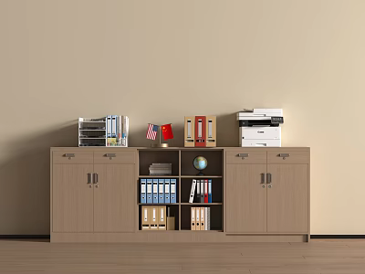 Office Cabinet With Organized Files Globe Lamp And Printer On Top 3d model