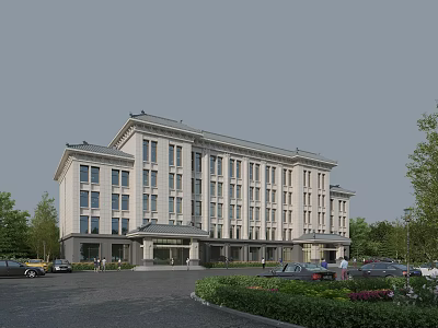 Traditional Multi Story Office Building With Classical Facade Large Windows Entrance And Landscaped Parking 3d model