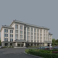 Traditional Multi Story Office Building With Classical Facade Large Windows Entrance And Landscaped Parking