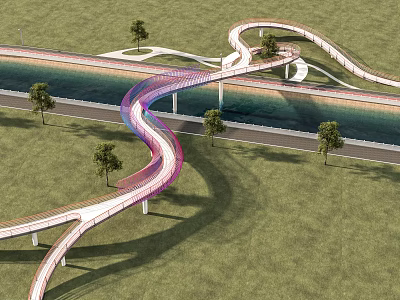 Colorful Winding Bridge Design With Green Grass Trees Over River And Road 3d model