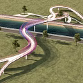 Colorful Winding Bridge Design With Green Grass Trees Over River And Road