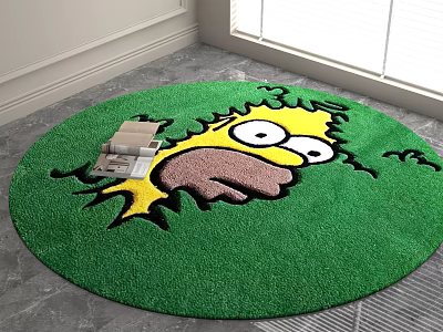 Round Green Carpet with Homer Simpson Cartoon Face Design and Magazines on Floor 3d model