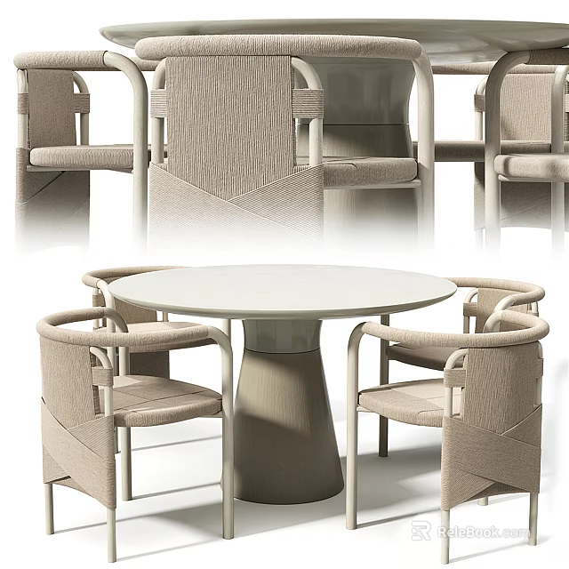 Round Dining Table Set With Beige Fabric Armchairs Modern Woven Details And Light Tone Design 3d model 