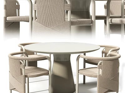 Round Dining Table Set With Beige Fabric Armchairs Modern Woven Details And Light Tone Design 3d model