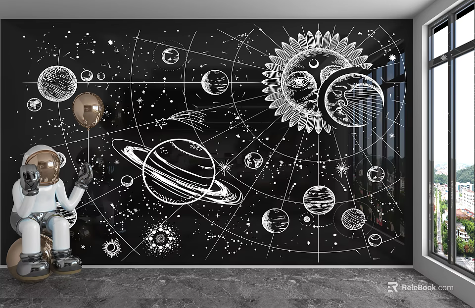 Black Background Wall Featuring Starry Sky Astronaut Figure And Celestial Planets 3d model 