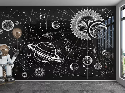 Black Background Wall Featuring Starry Sky Astronaut Figure And Celestial Planets 3d model