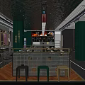 Modern Restaurant Interior Featuring Green Pillars Black Shiny Ceiling Central Counter And Stylish Stools
