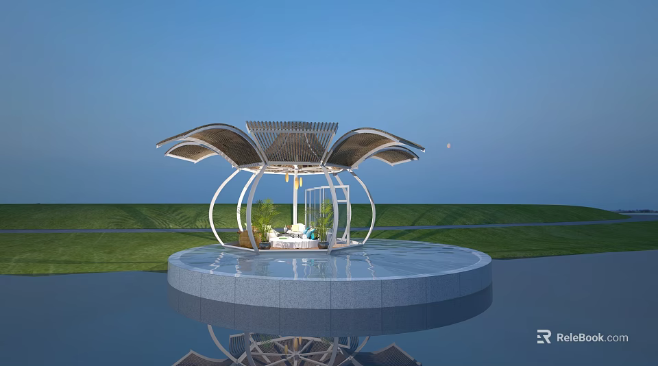 Modern Pavilion With Unique Roof Design On Circular Platform And Water Reflection 3d model 