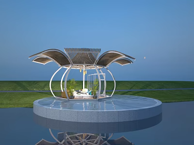 Modern Pavilion With Unique Roof Design On Circular Platform And Water Reflection 3d model