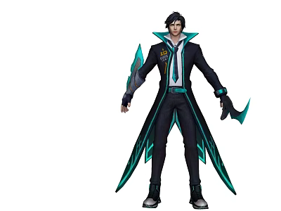 Stylish Game Character In Black Coat With Green Accents And Futuristic Design 3d model