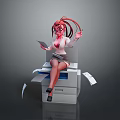 Anime Female Game Character With Red Twin Ponytails Wearing Glasses Sitting On Printer Holding Papers