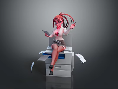 Anime Female Game Character With Red Twin Ponytails Wearing Glasses Sitting On Printer Holding Papers 3d model