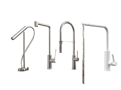 Four Different Modern Stainless Steel Kitchen Faucets with Sleek Designs and Styles 3d model