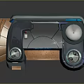 Cartoon Bank Scene With Blue Exterior Dome Antennas Round Devices And Wooden Floor