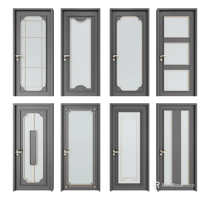 Modern Hinged Interior Doors Featuring Various Glass Panel Designs And Styles 3d model